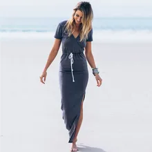New Summer Beach Dress 2016 Women Fashion V-neck Drawstring Short Sleeve Maxi Dress High Side Split Casual Pencil Long Dress