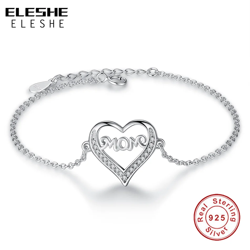ELESHE Cubic Zirconia Mom Heart Bracelets & Bangles 925 Sterling Silver Fashion Jewelry Adjustable Hand Chain Gift For Women