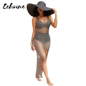 

Echoine Sheer Mesh Beach Dress Sexy Summer Black/Grey O Neck Sleeveless Hollow Out See Through Beachwear Bodycon Tank Dress XXL