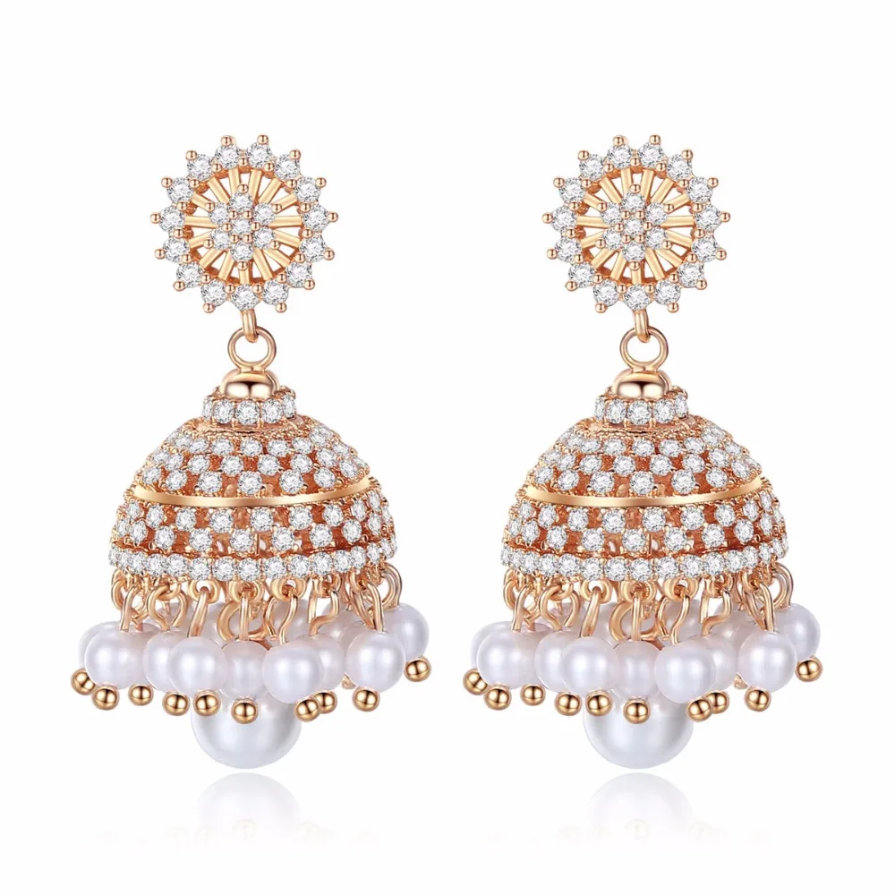 

India Bollywood Women Gorgeous Jhumki Earrings Artificial Pearls Light Jewelry Electroplated Golden High Quality Zircon Earring