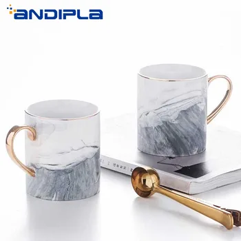 

420ml Creative Marble Texture Coffee Mug Ceramic Drinkware High Capacity Water Cup Nordic Luxury Gold Plated Handle Cup Milk Mug