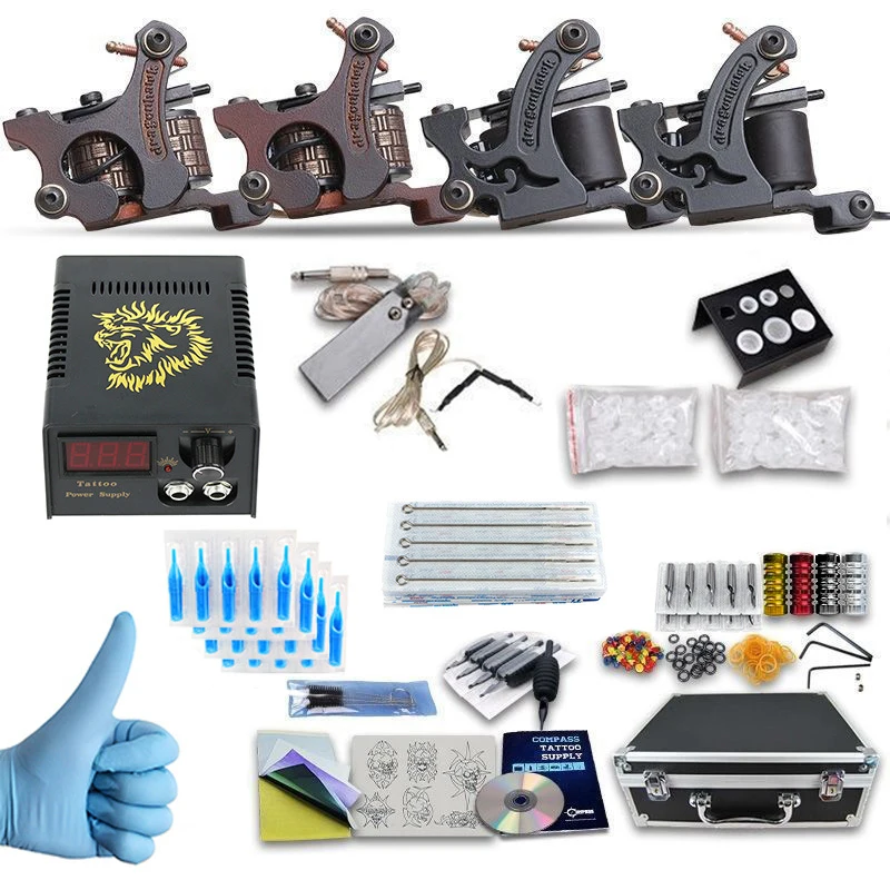 

new Complete profession Tattoo kits 10 wrap coils 4 guns machine Tattoo needles set power supply disposable needle Foot pedal
