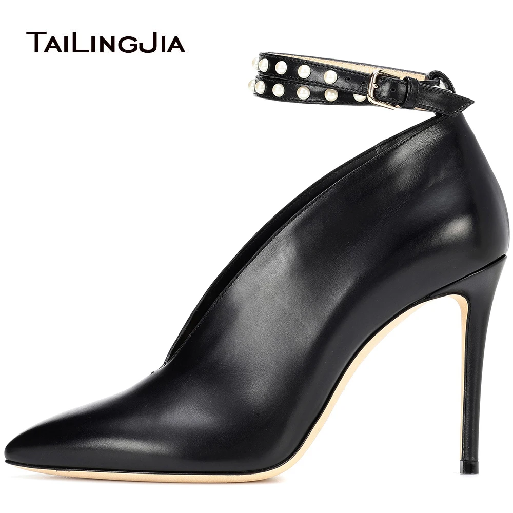 

Pearl New Women Pumps Fashion Hollow Pointed Toe Ladies Shoes Black Thin High Heels Women Buckle Strap Party Wedding Party Dress