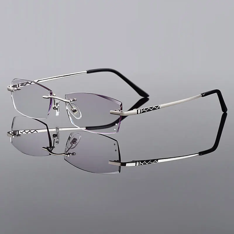 Gmei оптическая мода серебро титановый сплав для мужчин Алмазная Обрезка без оправы очки рамки Градиент Серый тонированные Плано линзы Q5823 - Цвет оправы: Silver