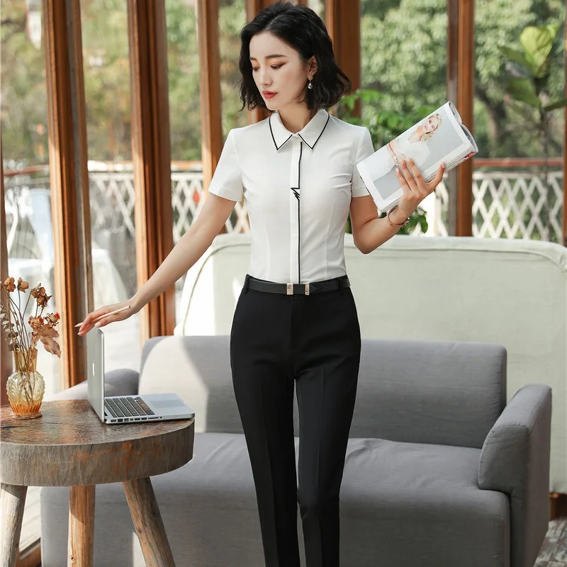 Elegantes trajes de negocios para mujeres delgadas de moda blanca con Tops  y pantalones de 2 piezas, conjunto de blusas y camisas elegantes de  oficina, conjuntos de talla grande|Trajes de pantalón| -