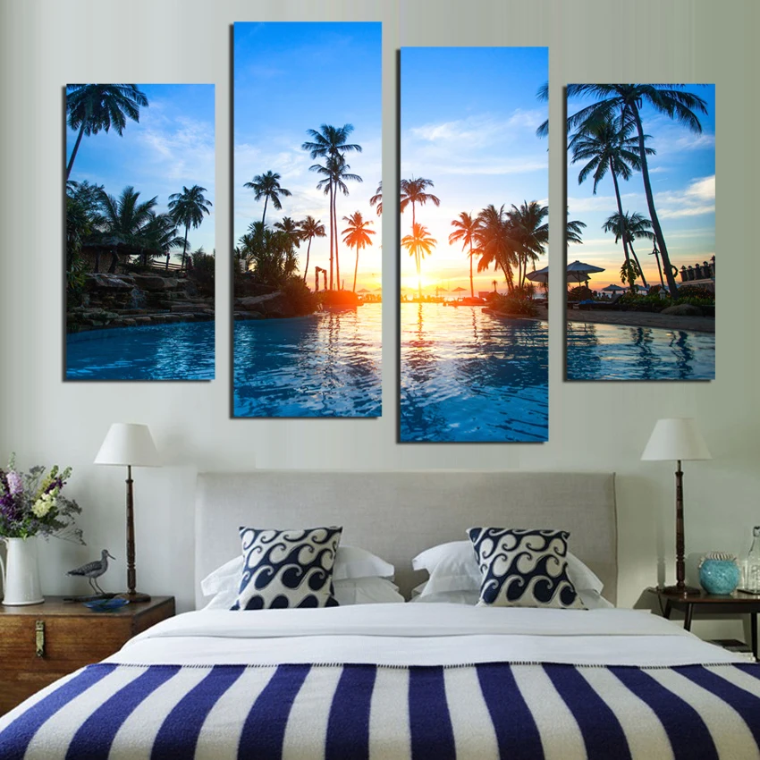 

4 Piece Coconut Trees Seascape Canvas Painting Home Decoration Pictures Wall Pictures For Living Room Modular Pictures F18824