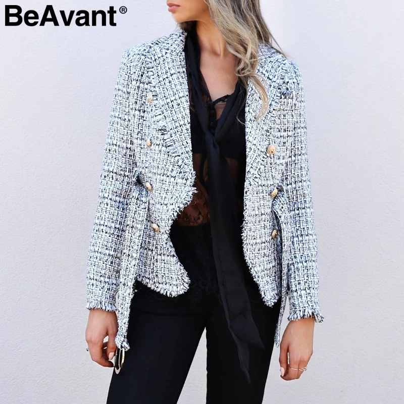 BeAvant плед необработанный край твидовая куртка пальто для женщин v-образный вырез двубортные с пуговицами ремень дамское пальто длинный рукав износоустойчивый фланелевый Блейзер Пальто - Цвет: blue grey
