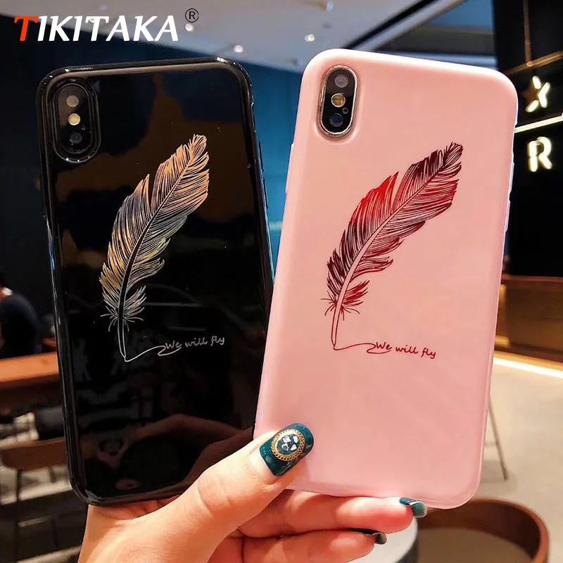

TIKITAKA Fashion Pink White Feather Phone Case For iphone X Lovely Couples Case For iphone 6 6s 7 8 Plus Soft TPU Back Coque
