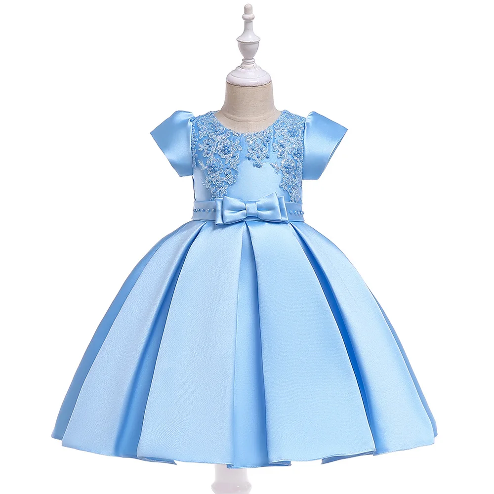 

Beauty A-Line Short Sleeves Sky Blue Satin Flower Girl Dresses Lace Appliques First Communion Dresses 2019 with Pearls