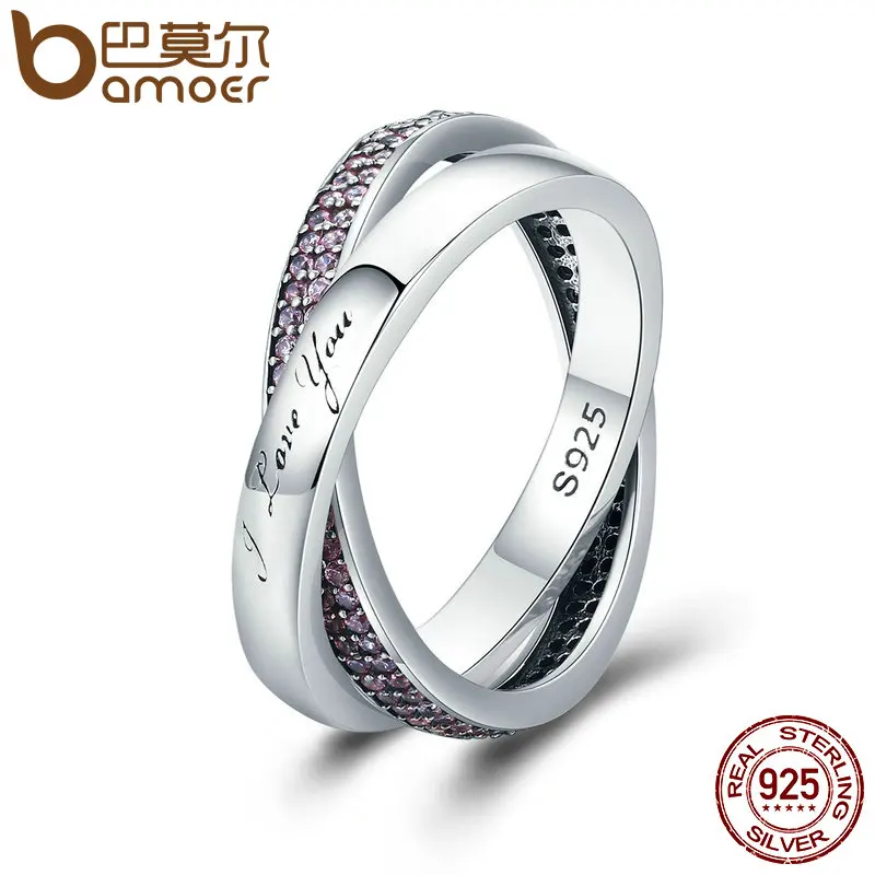 BAMOER 100 Authentic 925 Sterling Silver Sweet Promise Ring Pink CZ Female Finger Ring For Women