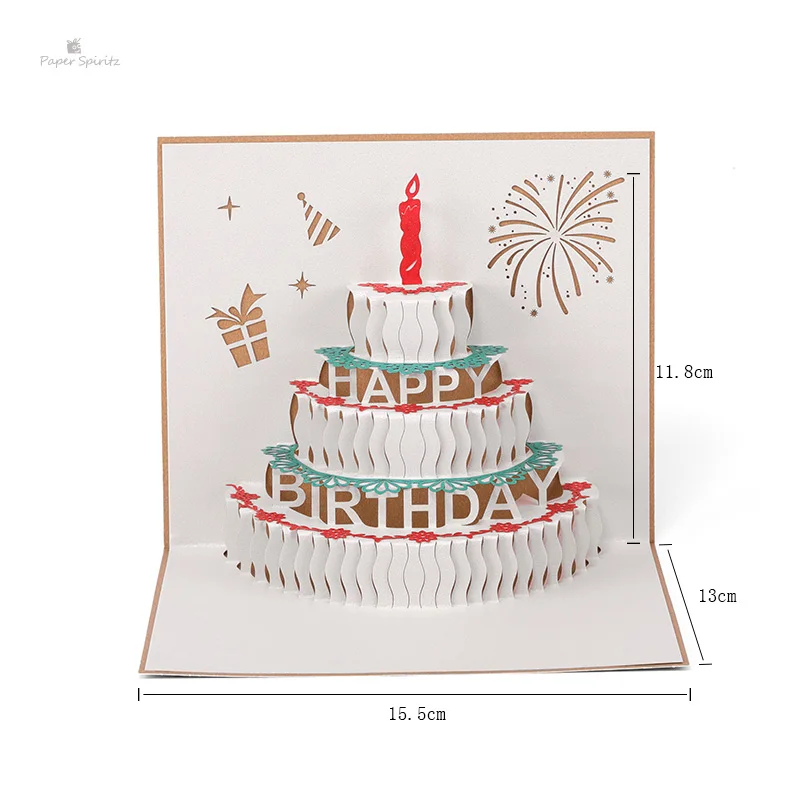 PAPER SPIRITZ Happy Birthday Cake Cards 3D laser Cut Paper Pop Up Card With Envelope Thank You Invi - 32895589856