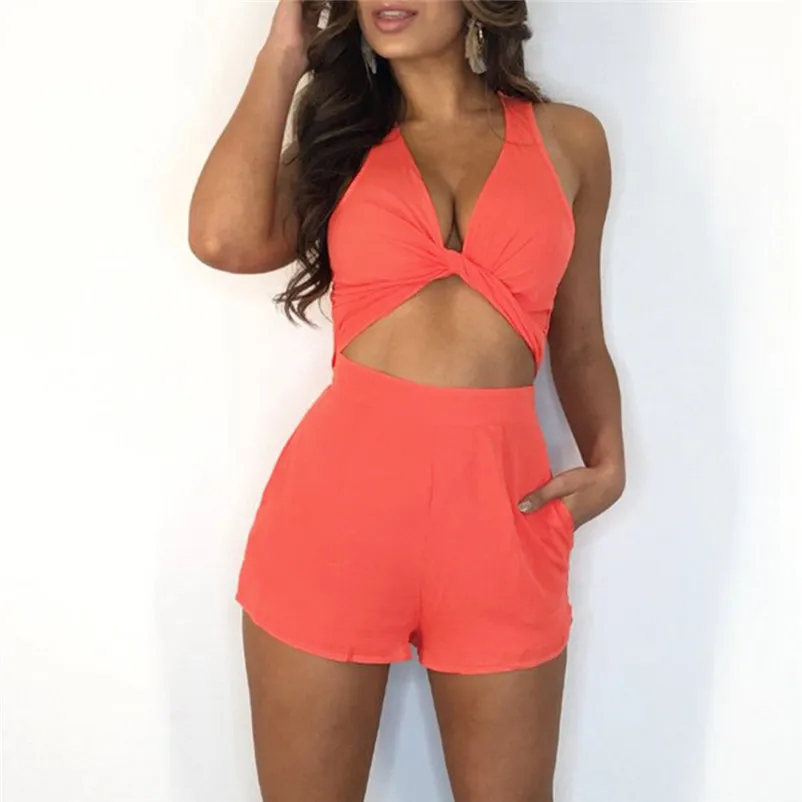 2018 summer jumpsuit woman Sexy Solid Strapless Lace Bandage Ruffled V-Neck Short Pants Playsuit pantaloni siamesi A16#N (11)