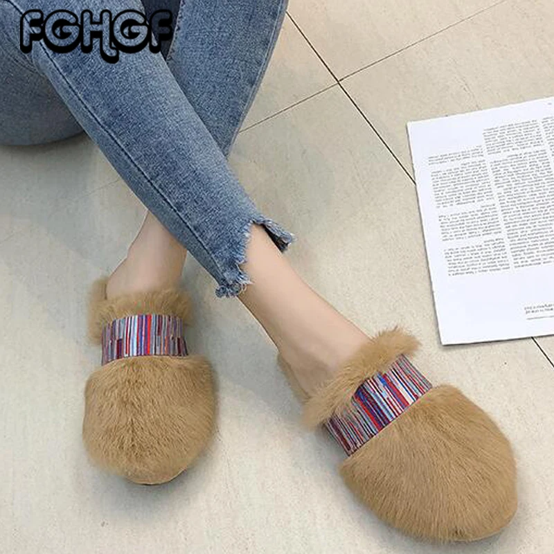 Luxury Rabbit Hair Slippers Women household Soft Bottom ...