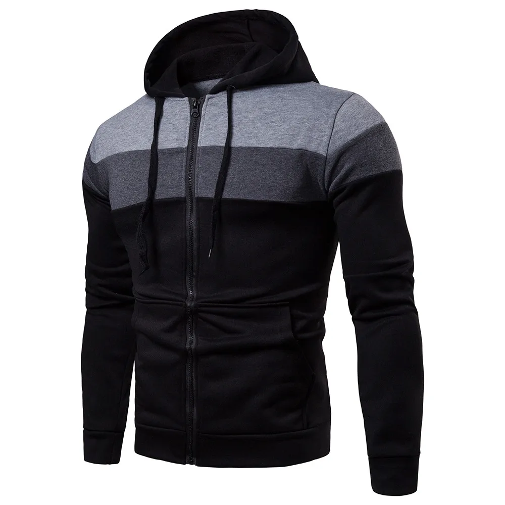 Men‘s Long Sleeve Hoodies Sweatshirt Autumn Winter Patchwork Zipper Tracksuits Streetwear Sweatshirt Hoodies Poleron Hombre - Цвет: Black