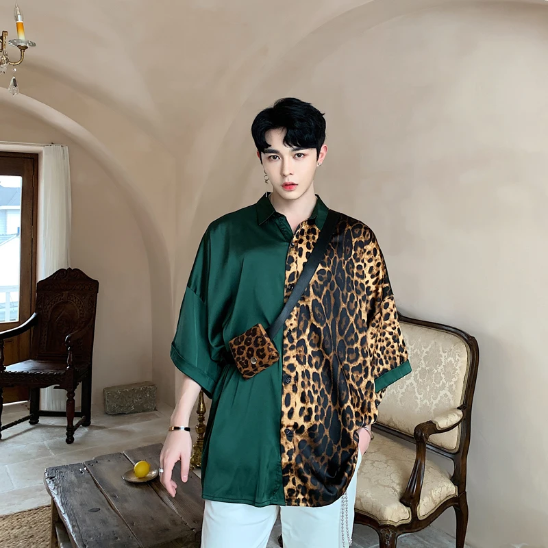 

2019 Summer vintage leopard patchwork oversize men shirts with small bag nightclub DJ singer punk silk shirt stage costume