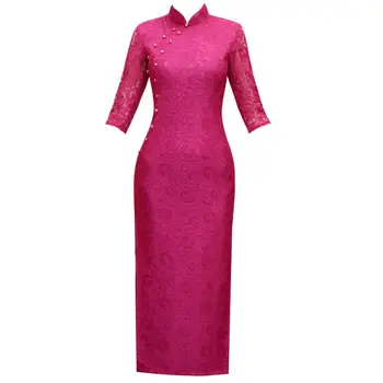

Spring Lace Handmade Button Novelty Dress Chinese Traditional Mandarin Collar Long QiPao Short Sleeve Slim Dress Size M-3XL