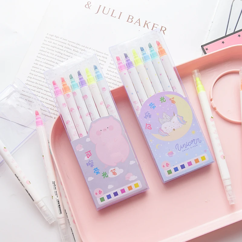 

6PCS Double-head Erasable Highlighter Candy Color Highlighter Marked Key Color Marker Set