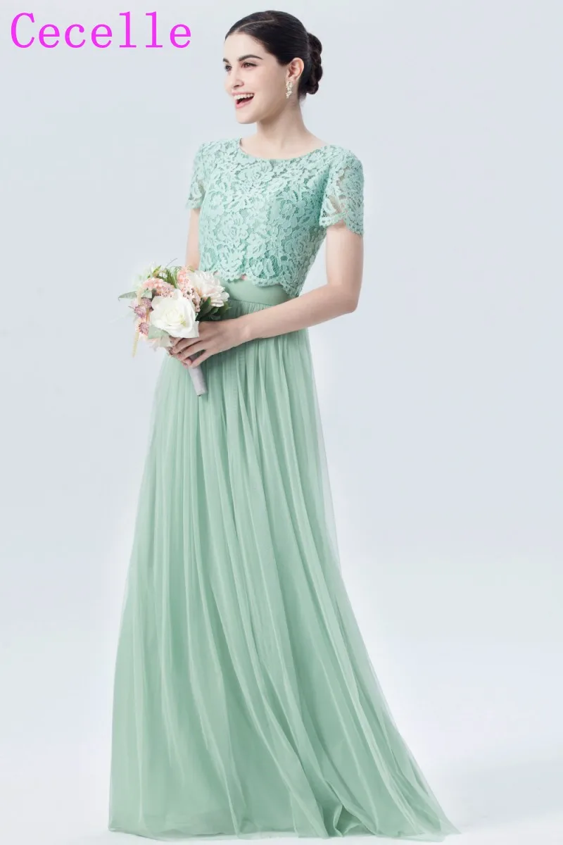 Two Pieces Mint Boho Bridesmaid Dresses With Cap Sleeves Lace Top Tulle