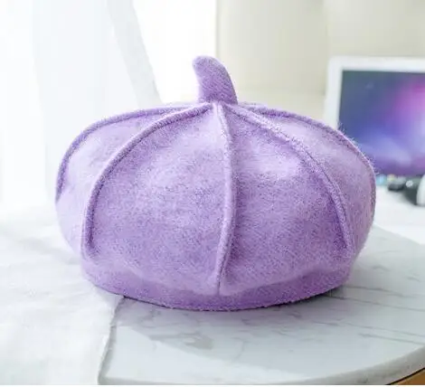 Light purple SUEF/ г. Новые осенние детские шапки для девочек, одноцветная кашемировая восьмиугольная шапка, детская зимняя детская шапка, теплый берет, милый модный - Цвет: Light purple