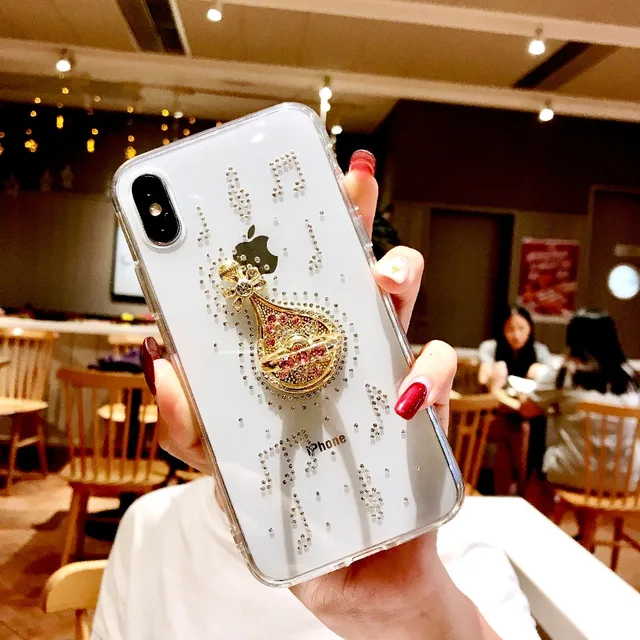 Dir-Maos For iPhone Xr Case Xs Max 8 Plus 7 Plus 6 6s Plus Fashion Women Clear Cover Diamond Finger Ring Stand Hold Cute Girl