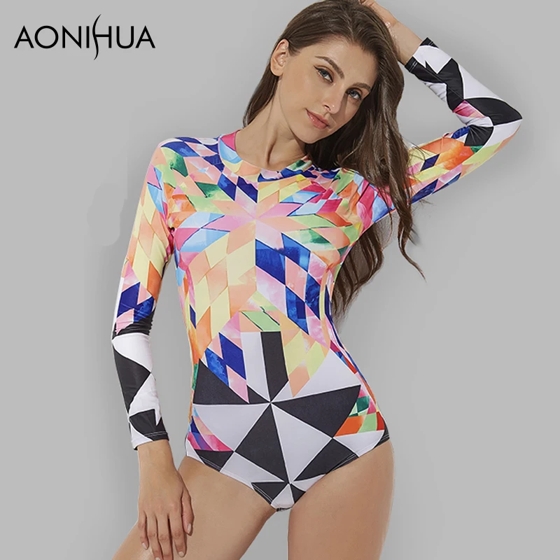 AONIHUA Swimsuit Women Geometric printing Sport back zipper Colorful One Piece Swimwear Female Summer Long sleeve Swimming Suits AONIHUA Swimsuit Women Geometric printing Sport back zipper Colorful One Piece Swimwear Female Summer Long sleeve Swimming Suits