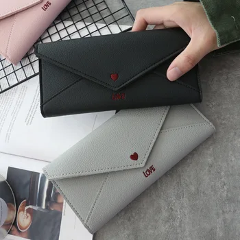 

womens wallets and purses long heart-shaped letter embroidery line 2 fold multi-function simple student large-capacity wallet
