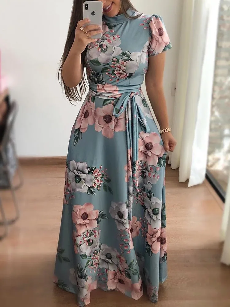 Women Summer Dress 2020 Casual Short Sleeve Long Dress Boho Floral Print Maxi Dress Turtleneck Bandage Elegant Dresses Vestido