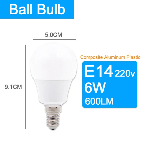Светодиодный светильник E14, алюминиевый, 3 Вт, 6 Вт, 9 Вт, 12 Вт, светодиодный светильник переменного тока, 220 В, светодиодный светильник в форме свечи, холодный, теплый, белый, лампада, Bombillas Lumiere Lampara, светодиодный светильник - Испускаемый цвет: LED Bulb E14 6W