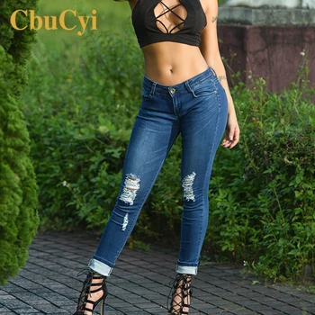

Summer Jeans Trousers Women Ripped Denim Pants Blue Slim-Fit Stretch Pencil Pants Women Skinny Low Waist Hole Jean Trousers 2019
