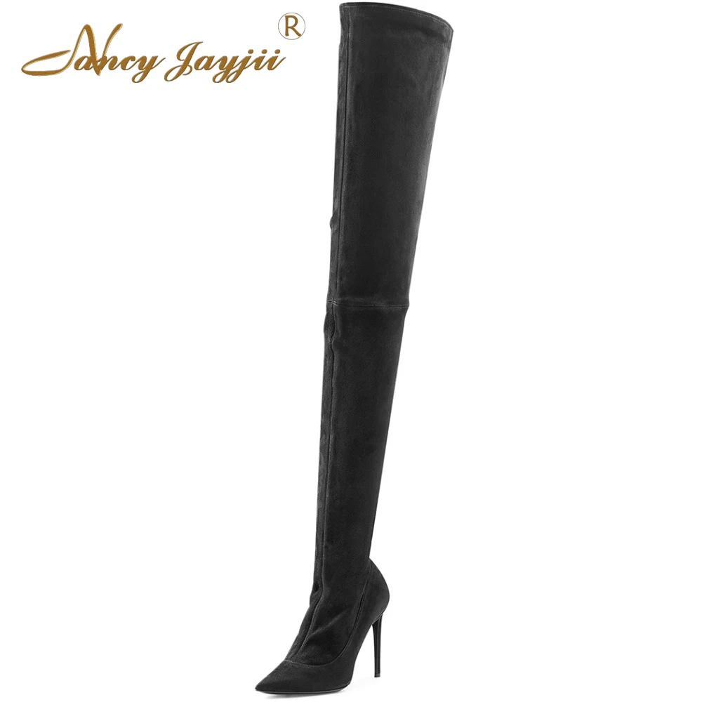 Nancyjayj/женские черные замшевые ботфорты с острым носком на высоком каблуке модная женская обувь размера плюс 5-14