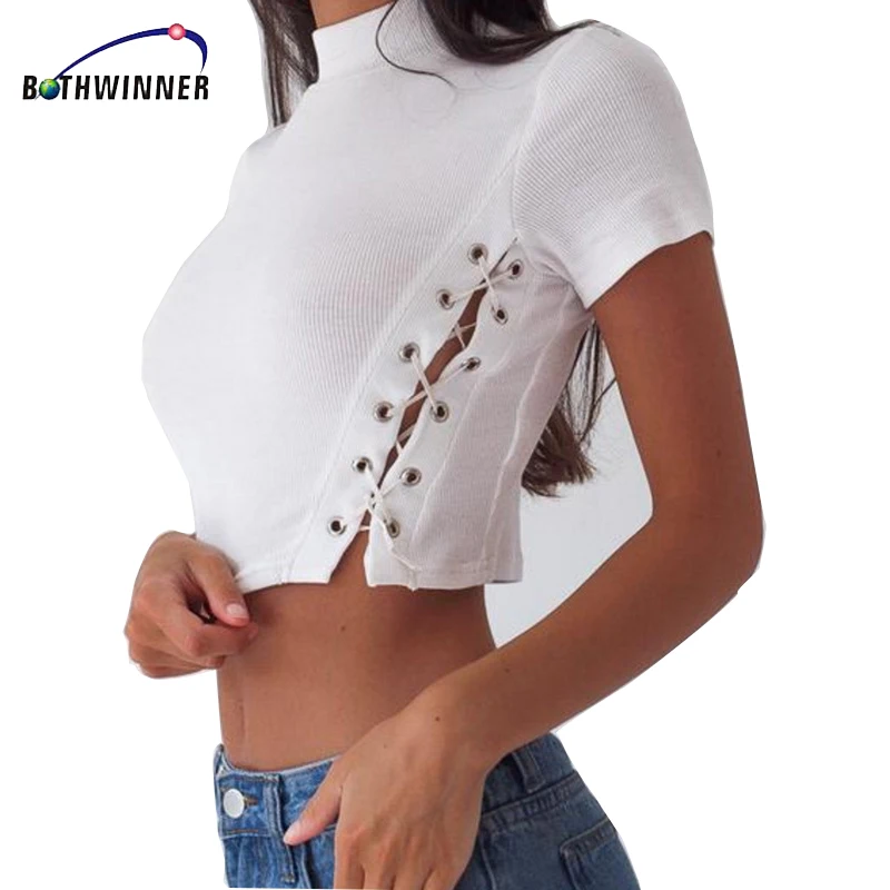 

Bothwinner Lace Up Bustier Crop Top Tees Sexy Black Short Sleeve Women Top Summer Elegant Short Tank Top