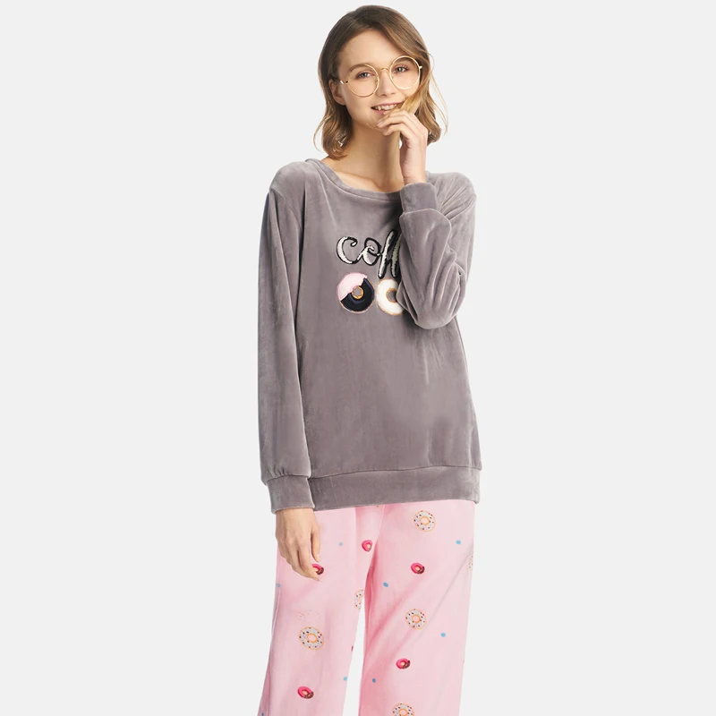 THREEGUN/пижамы из кораллового флиса; пижамные комплекты для девочек; пижамы с принтом; милые пижамы с вышивкой; Свободная Домашняя одежда для сна