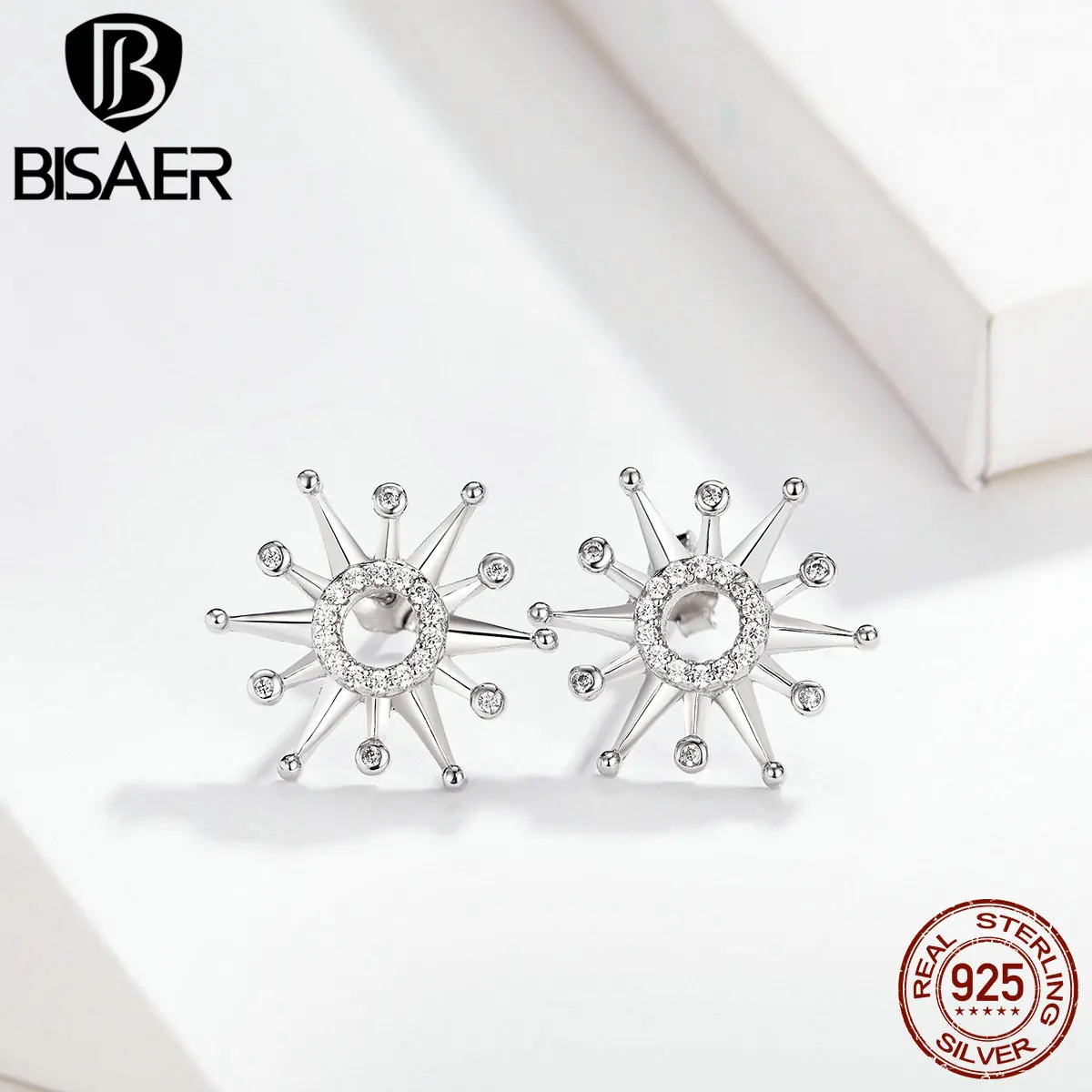 BISAER Аутентичные 925 пробы серебряные фейерверки геометрическая форма серьги-гвоздики для женщин ювелирные изделия из стерлингового серебра ECE640