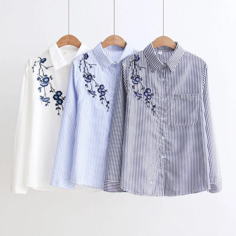  ih Floral Embroidery Striped Blouse Women Long Sleeve Shirt And Tops Casual Cotton Blusa Plus Size 