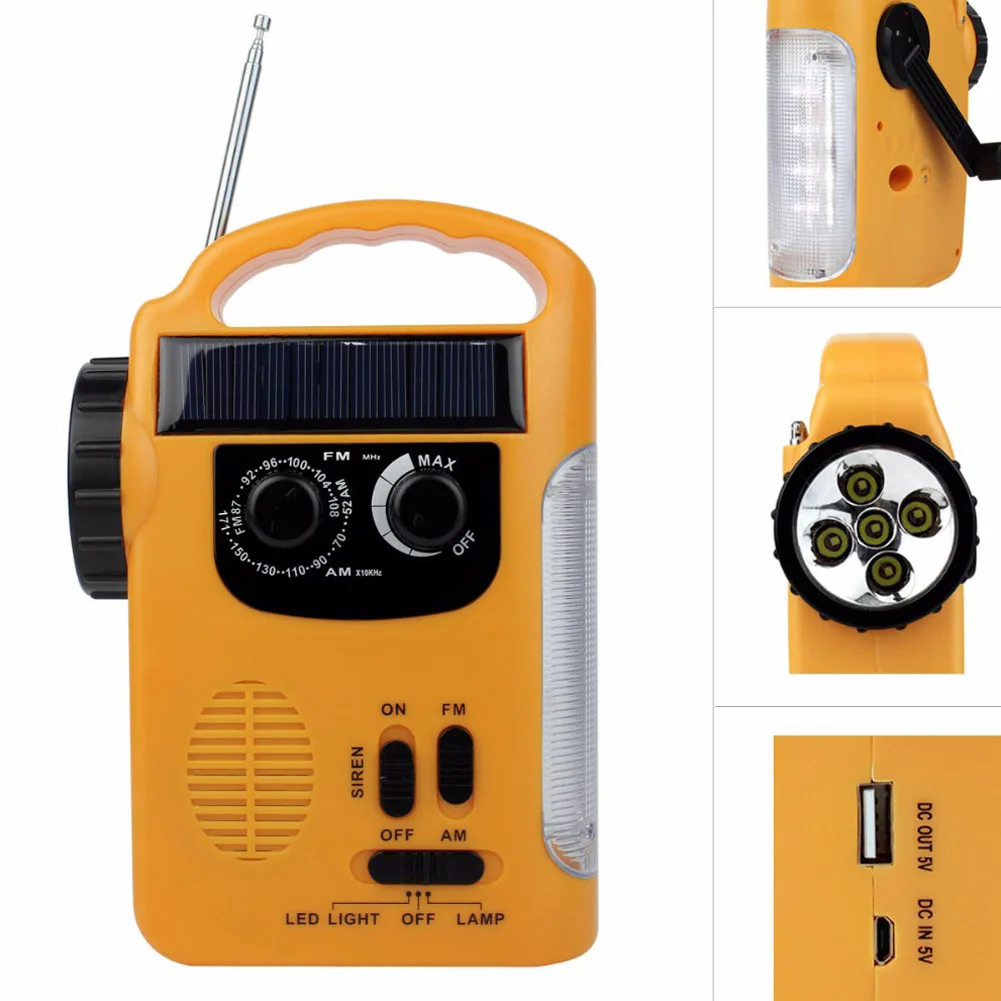 

High Brightness LED Camping Lantern Flashlight FM/AM Radio Solar/Crank Power Emergency Charger Portable Radio