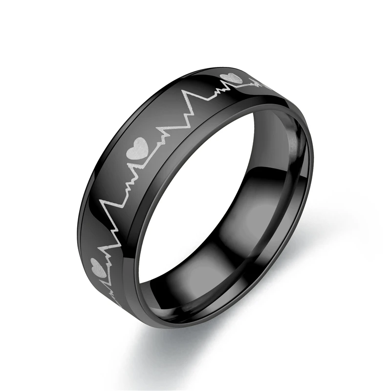 Black ECG Stainless Steel Creative Mood Rings Gift Anniversary Wedding Rings For Men & Women Love Couple  Gold Silver Accessory