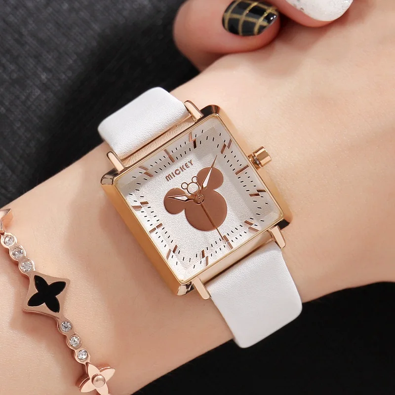 Микки Маус женские квадратные кожаные Кварцевые водонепроницаемые наручные часы disney Женские Простые модные элегантные часы хорошего качества