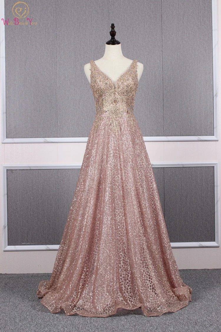 

Long Graduation Prom Dresses 2019 Bling V Neck A Line Sleeveless Lace Appliques Crystal Sweep Train Evening Formal Gowns