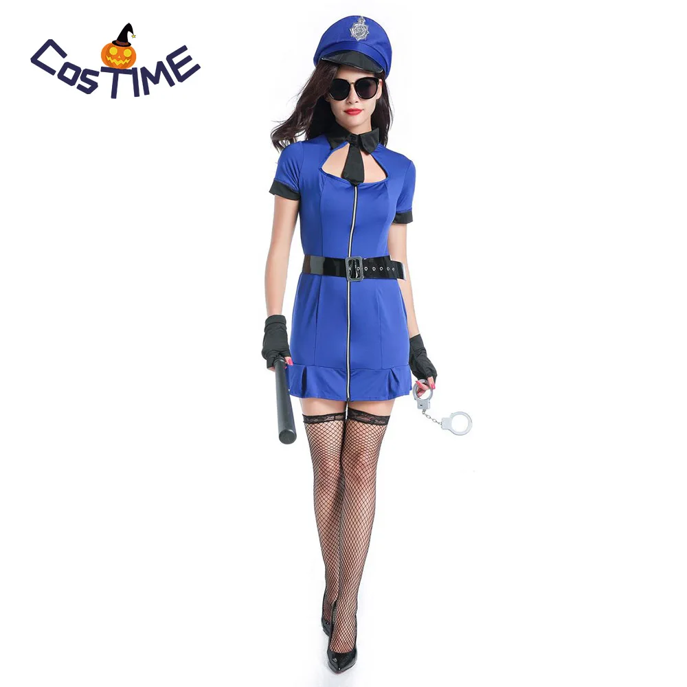 High Quality Sexy Ladies Police Costume Short Sleeve Blue 