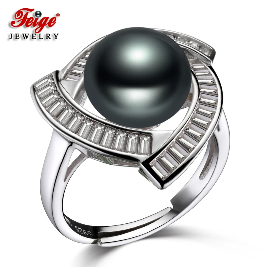 

FEIGE High-quality 10-11MM Black Freshwater Pearl Ring Genuine 925 Sterling Silver Rings for Women Pearl Jewelry Femelle bijoux