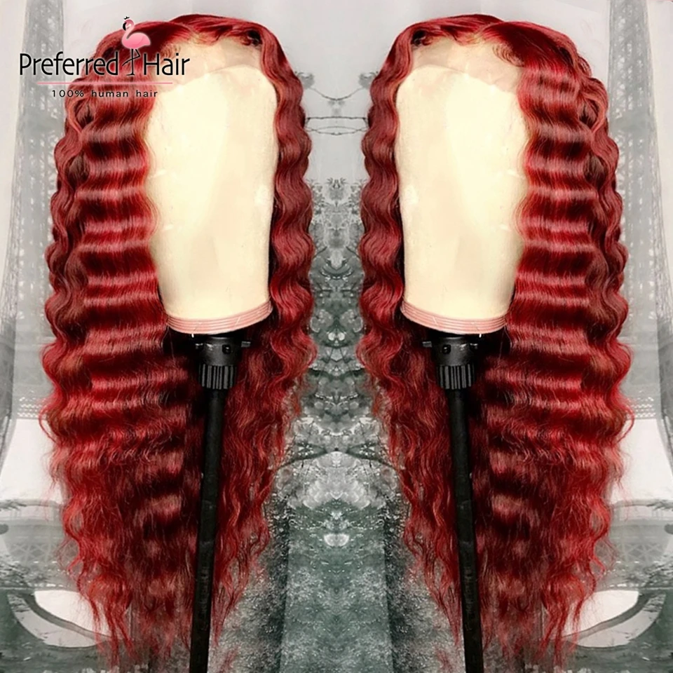 

Preferred 13x6 Lace Front Wig Pre Plucked Hairline Brazilian Remy Deep Wave Wig Glueless Red Human Hair Wigs For Black Women