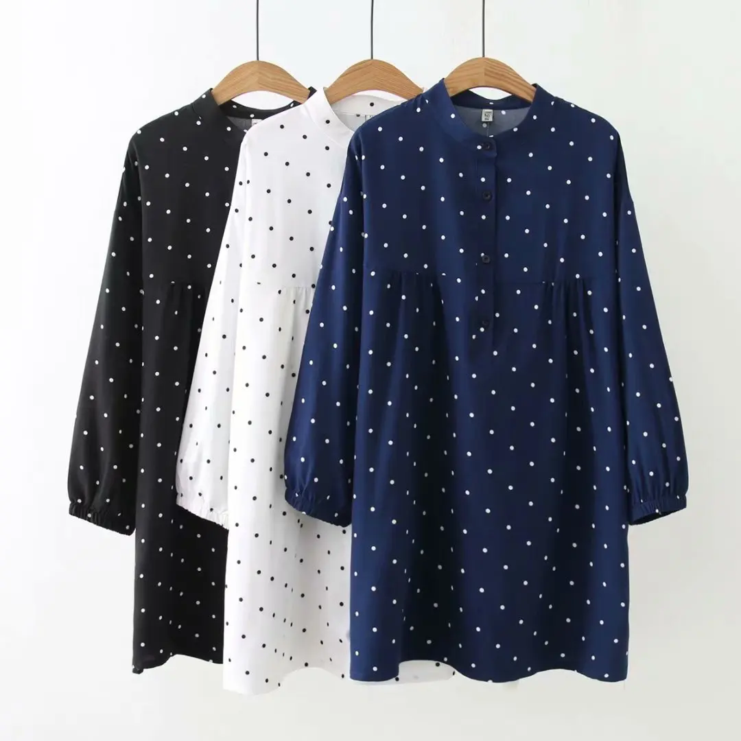 

Plus Size Women Dress Black White Blue Long Sleeve Dot Fashion Mini Dresses