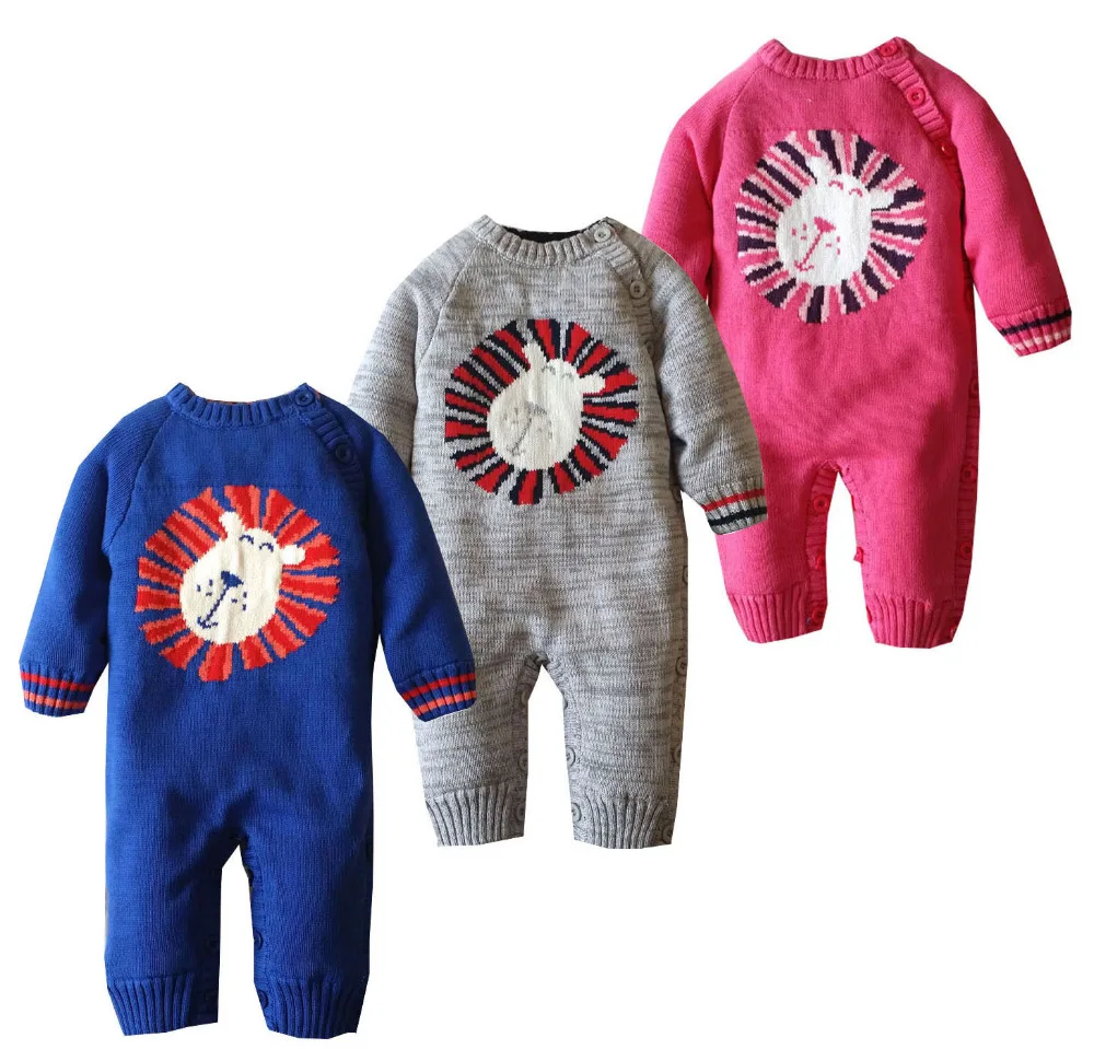 

2018 Newborn Baby Rompers Baby Clothes Long Sleeve Girl And Boy Winter Hooded Knitting lovely lion Thicken Clothing
