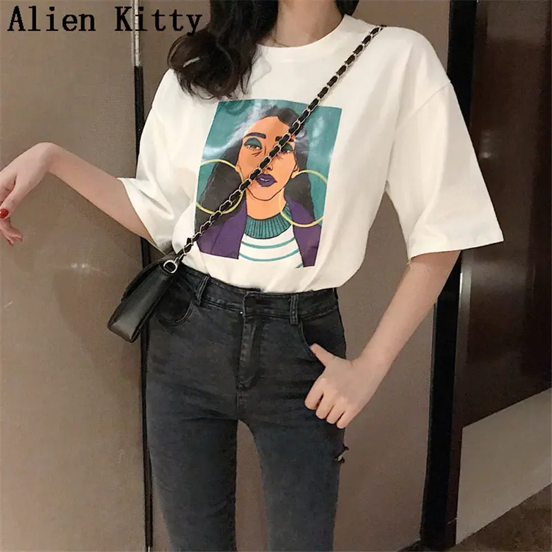 

Alien Kitty 2019 New Print Character Vintage Simple Loose Fresh Casual Hot Half-Sleeved Summer O-Neck Cotton Basic White T-shirt