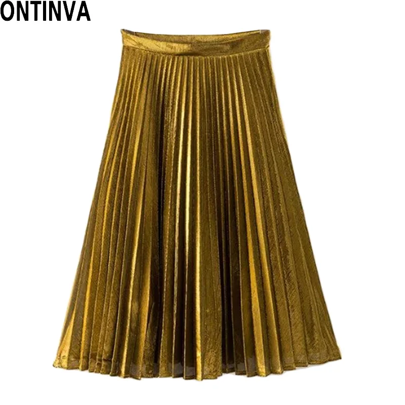 Women Gold Pleated Midi Skirt 2016 Summer High Waist Woman Skirts Womens Fashion European ...