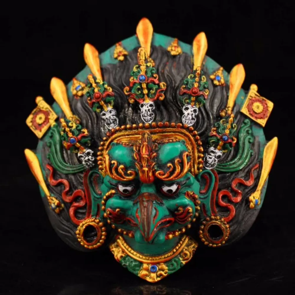 

Height 14CM!!!Art Collection Tibetan traditional handmade Color drawing lacquer Carved Golden Eagle head God Wall hanging statue