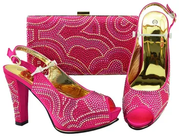 

Beautiful fuchsia women pumps with rhinestone design bag for dress african shoes match handbag set JZS-01