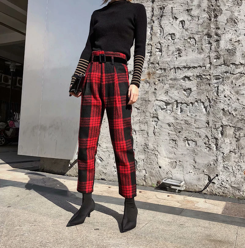 England Style Casual Tweed Pants Ankle length High Waist Women 2 Colors Harem Pants Street Style 
