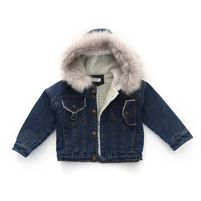 

Russian winter Coat 1-9 years old kids denim jacket parkas fur collar Cartoon print lining velvet thickening fashion