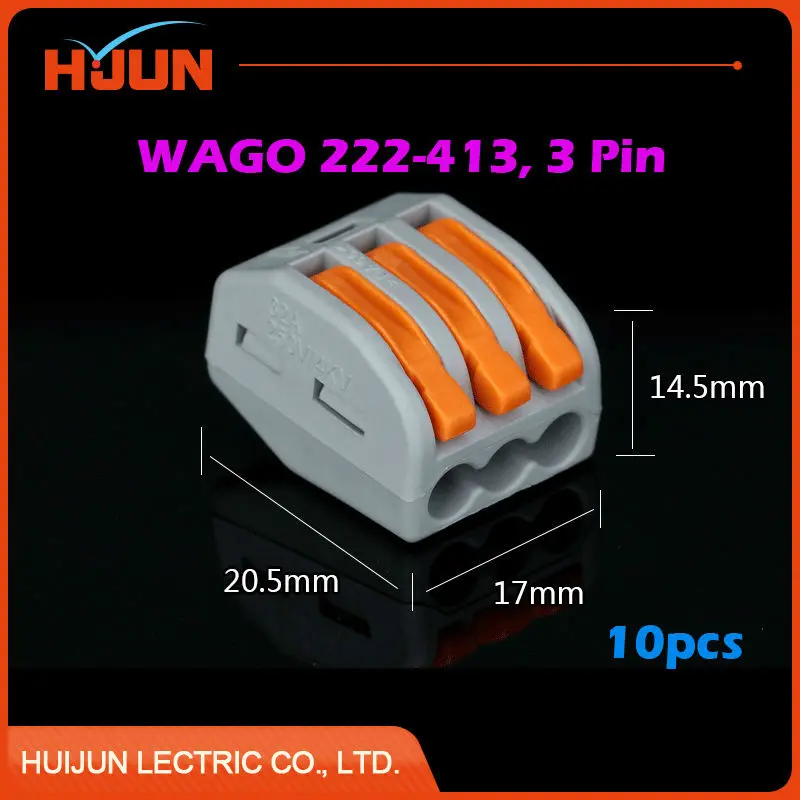 10pcs lots PCT 213 Wago 222 413 3 Pin Wire Connector Universal Junction Conductor Terminal Push